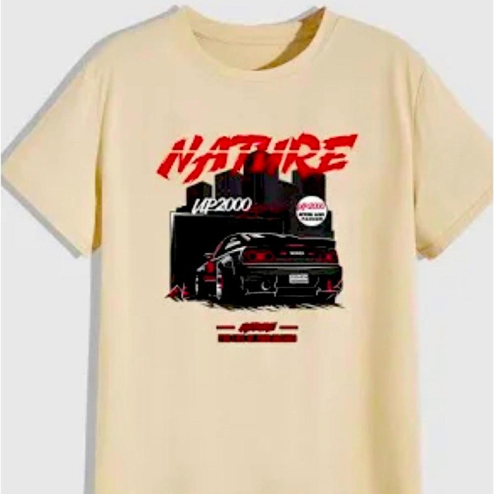 No label race car tee is available in a cream color, material cotton and bamboo